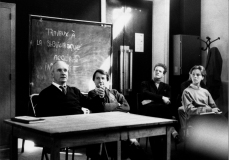 Cours d'interprétation de Michel Bouquet, octobre-novembre 1985, studio 4 ; de gauche à droite : Michel Bouquet, Georges Werler, Franck Lapersonne