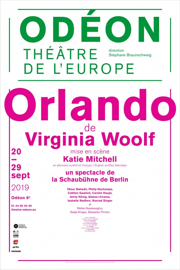 Radio Conservatoire 
Affiche du spectacle Orlando de Virginia Woolf, mis en scène par Katie Mitchell au Théâtre de l'Odéon